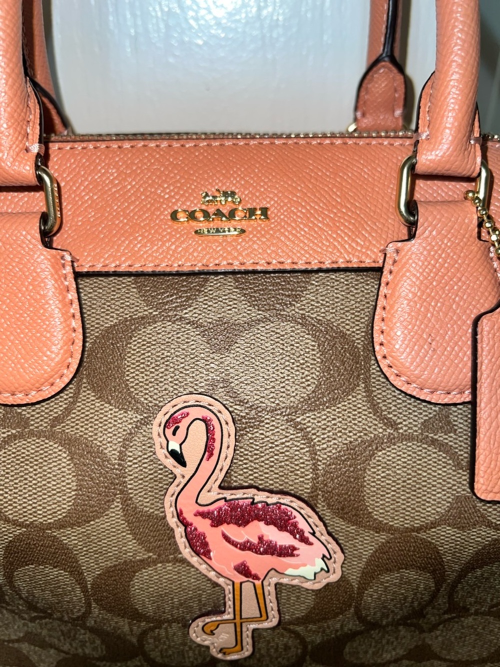 Coach Brown Signature Satchel with Pink Flamingo Accent - Picture 3 of 11